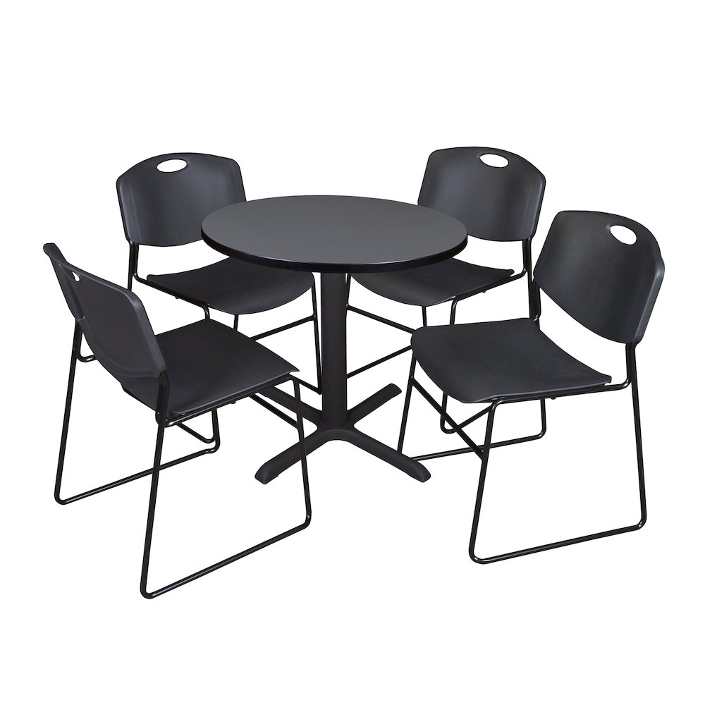 Small 30 in. Round X-Base Breakroom Table- Grey & 4 Zeng Stack Chairs- Black. Picture 1