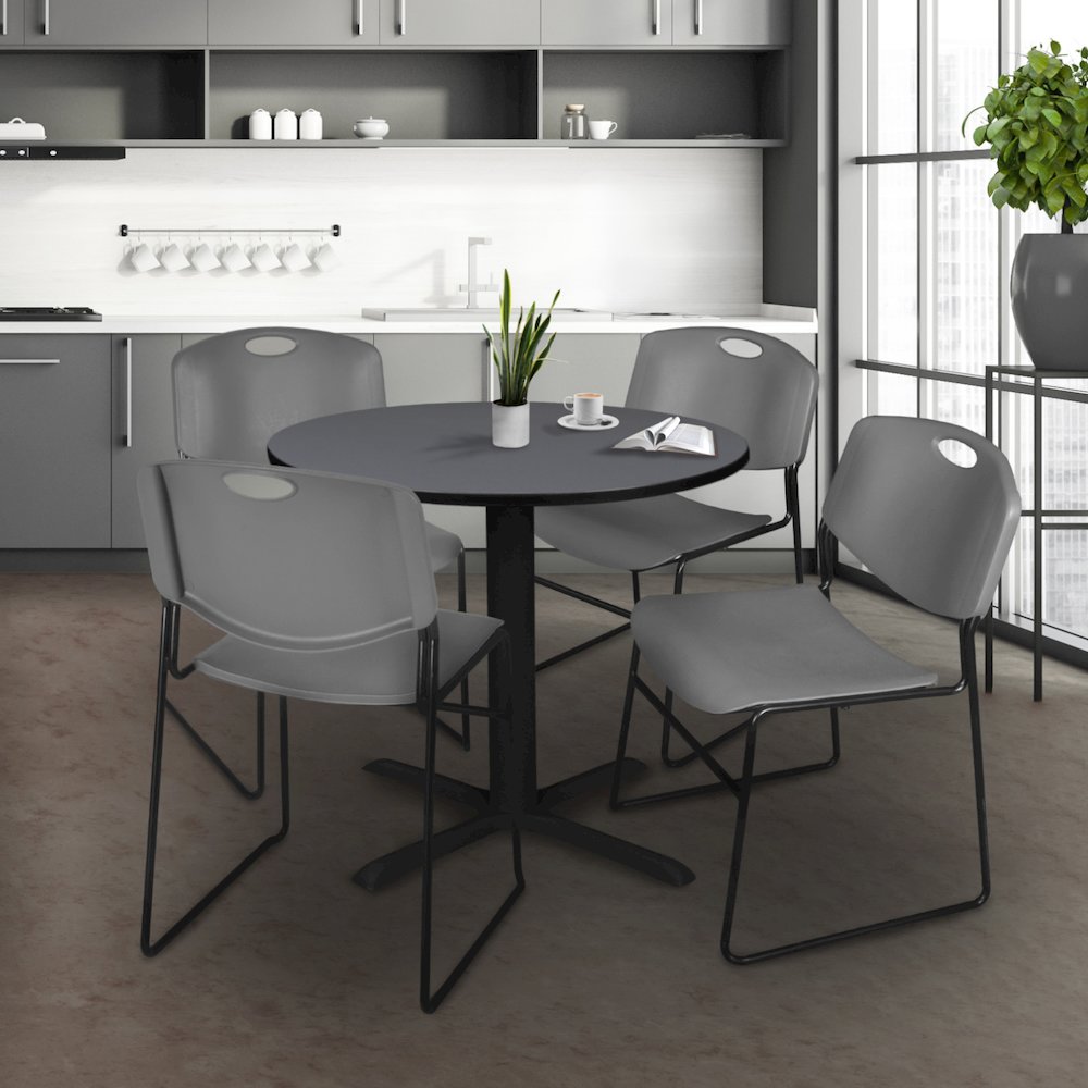 Small 30 in. Round X-Base Breakroom Table- Grey & 4 Zeng Stack Chairs- Grey. Picture 8
