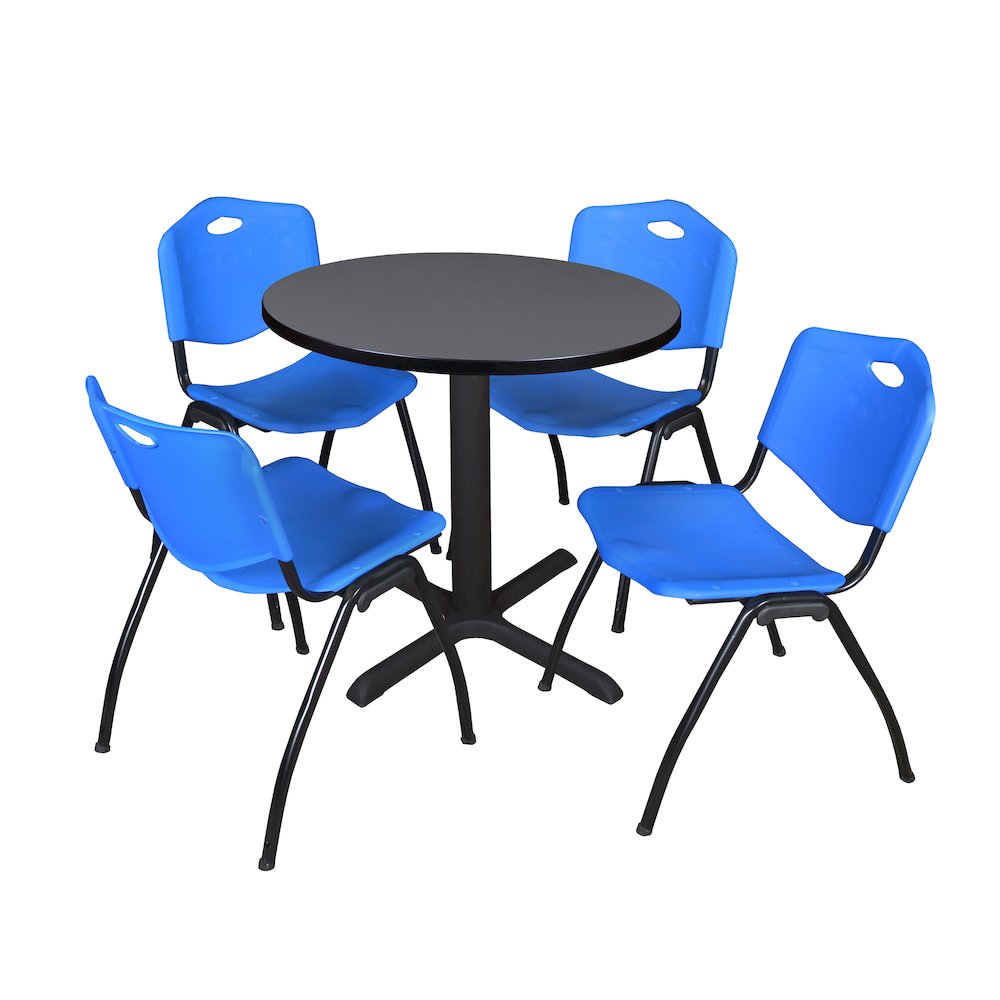 Small 30 in. Round X-Base Breakroom Table- Grey & 4 M Stack Chairs- Blue. Picture 1