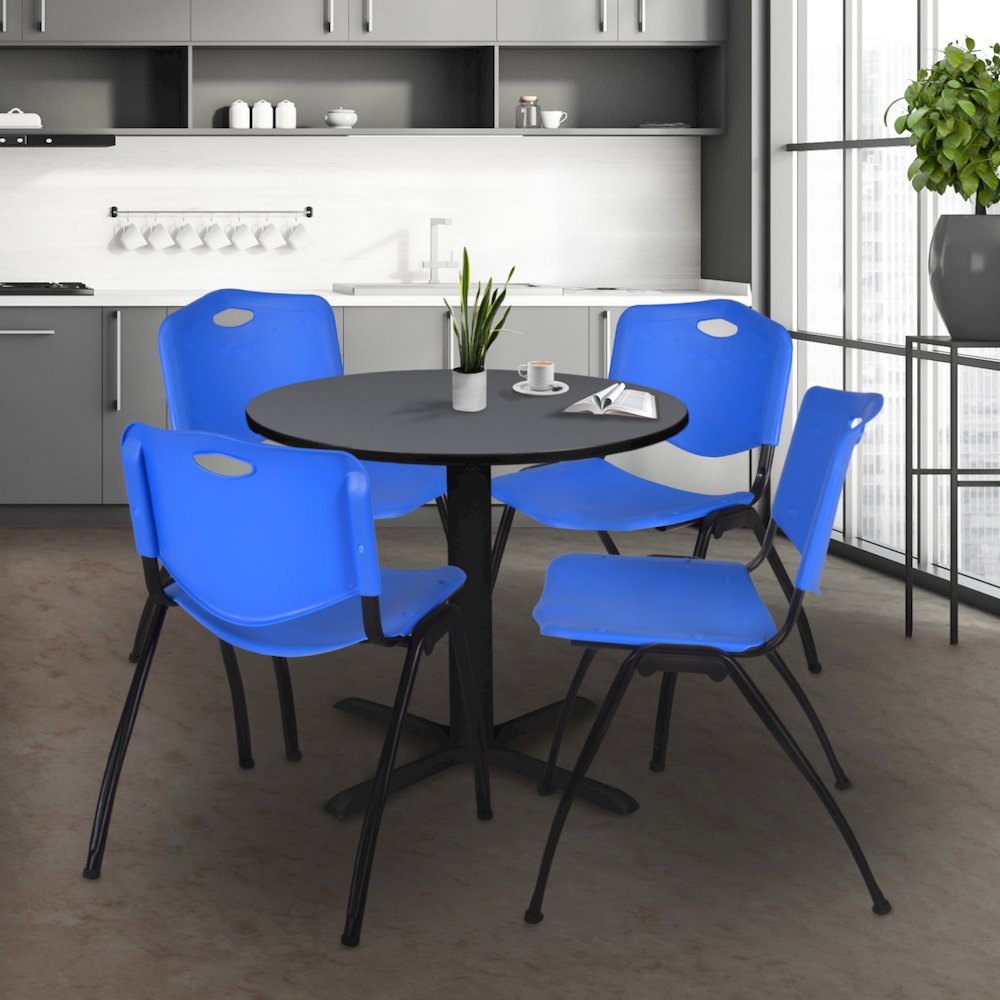 Small 30 in. Round X-Base Breakroom Table- Grey & 4 M Stack Chairs- Blue. Picture 8