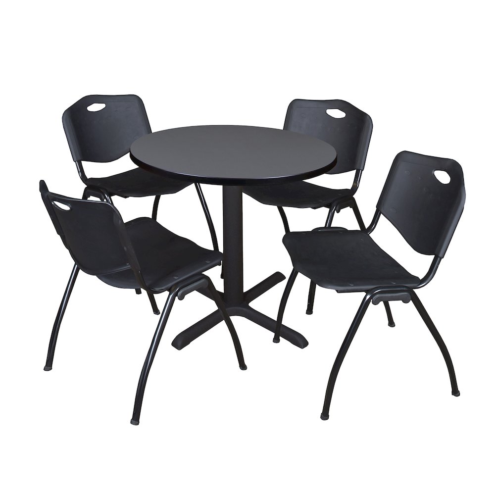 Small 30 in. Round X-Base Breakroom Table- Grey & 4 M Stack Chairs- Black. Picture 1