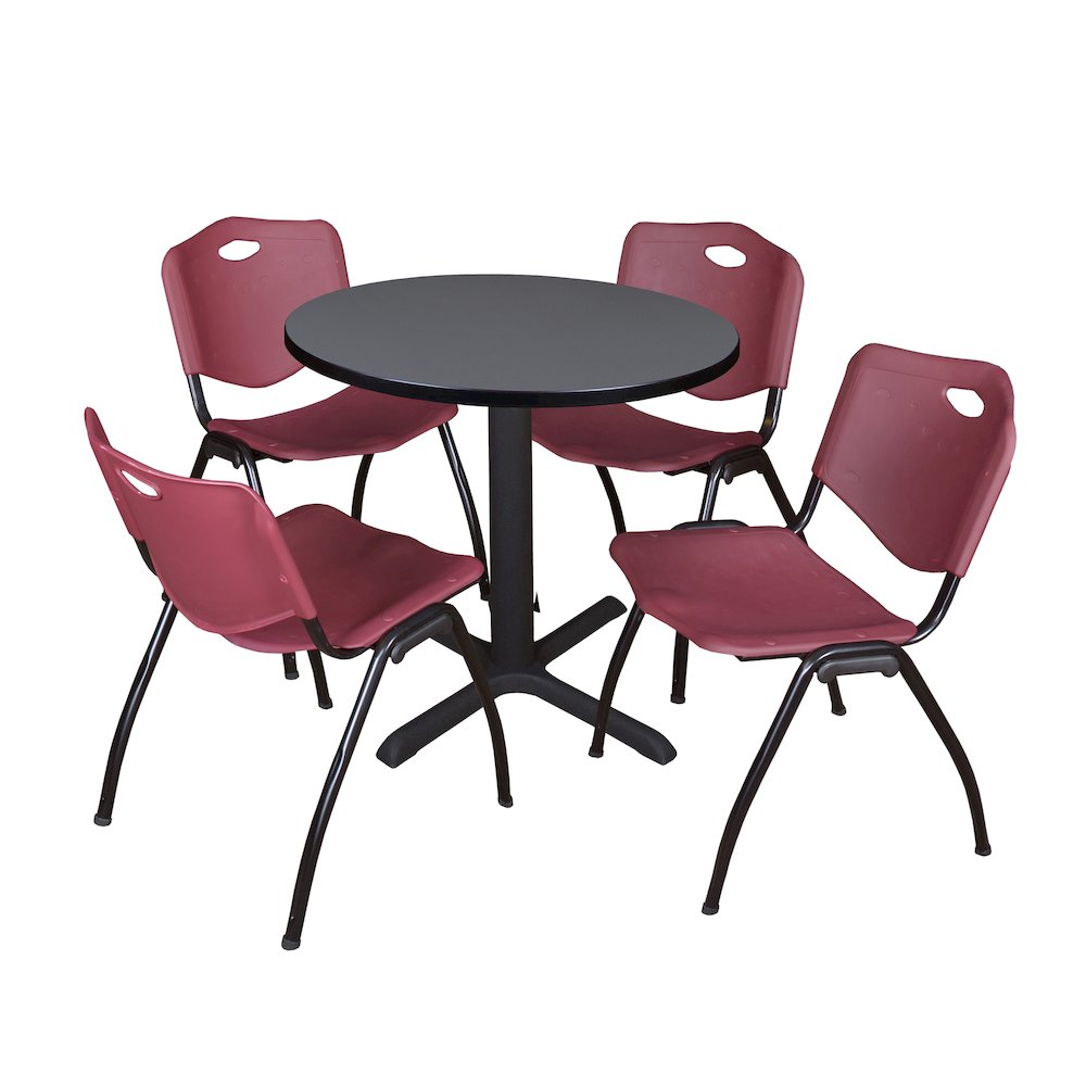 Small 30 in. Round X-Base Breakroom Table- Grey & 4 M Stack Chairs- Burgundy. Picture 1