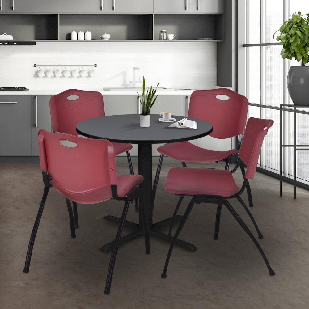 Small 30 in. Round X-Base Breakroom Table- Grey & 4 M Stack Chairs- Burgundy. Picture 8
