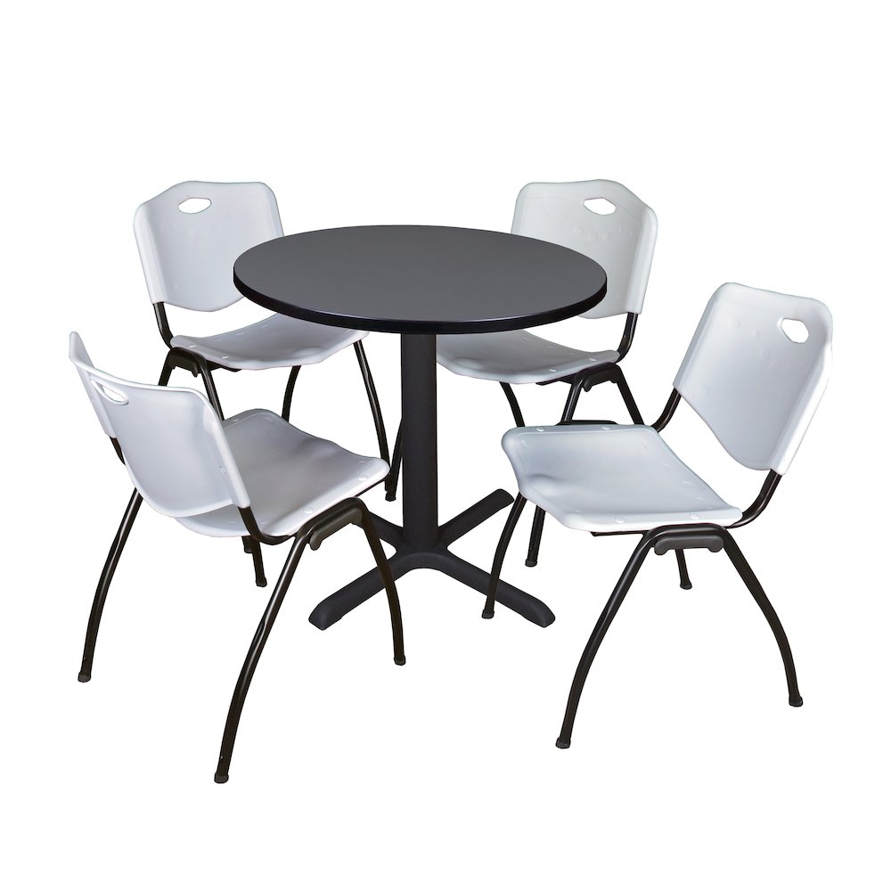 Small 30 in. Round X-Base Breakroom Table- Grey & 4 M Stack Chairs- Grey. Picture 1