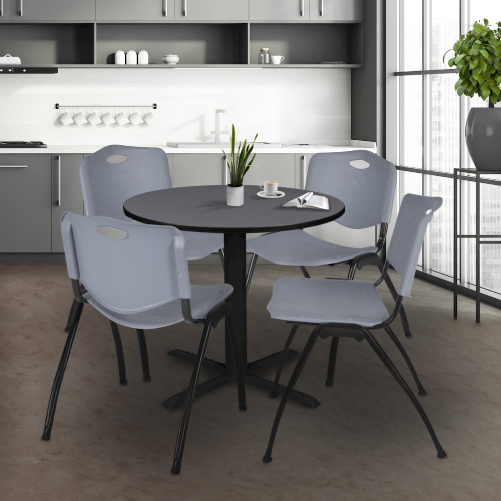 Small 30 in. Round X-Base Breakroom Table- Grey & 4 M Stack Chairs- Grey. Picture 8