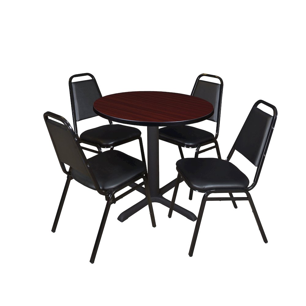 Small 30 Round X-Base Breakroom Table- Mahogany & 4 Stack Chairs- Black. Picture 1