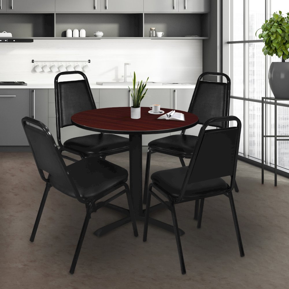 Small 30 Round X-Base Breakroom Table- Mahogany & 4 Stack Chairs- Black. Picture 8
