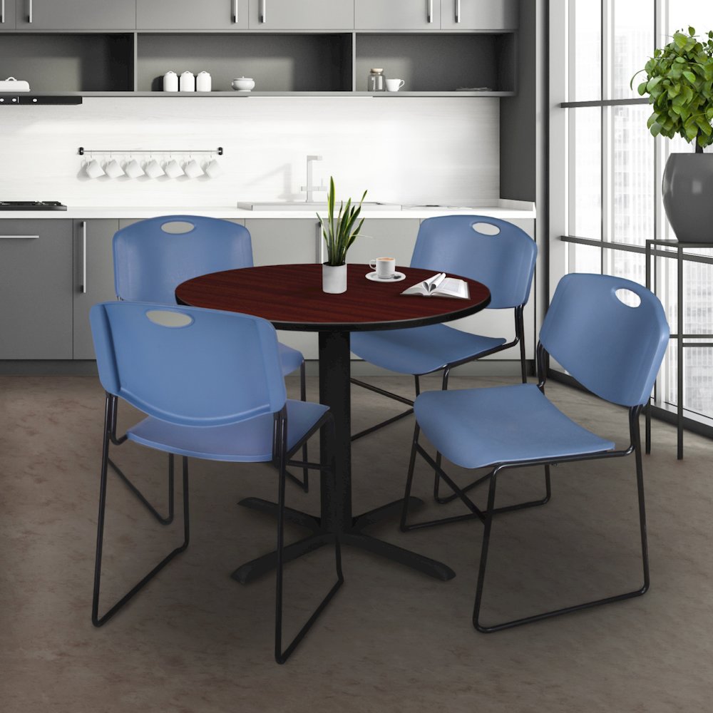 Small 30 in. Round X-Base Breakroom Table- Mahogany & 4 Zeng Stack Chairs- Blue. Picture 8