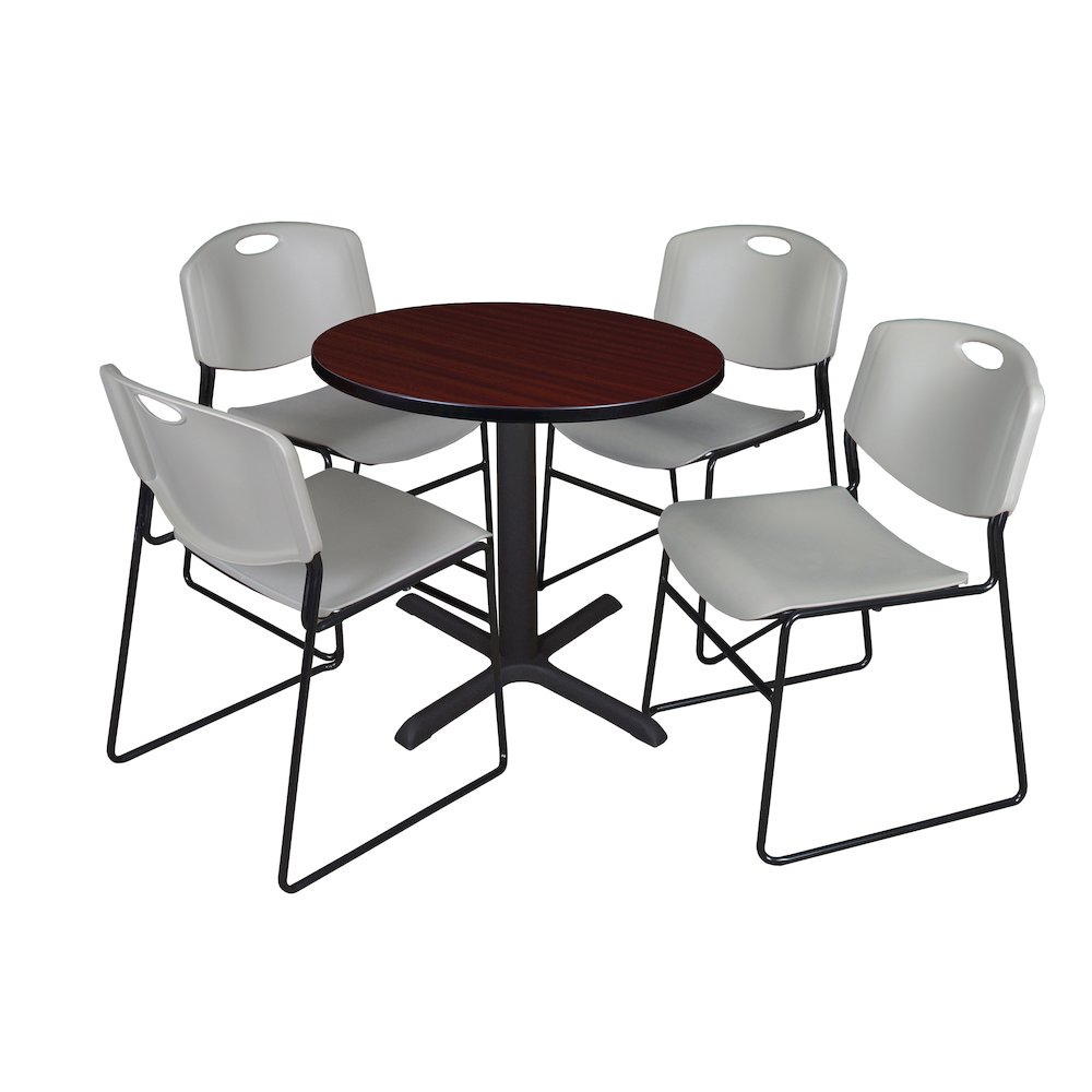 Small 30 in. Round X-Base Breakroom Table- Mahogany & 4 Zeng Stack Chairs- Grey. Picture 1