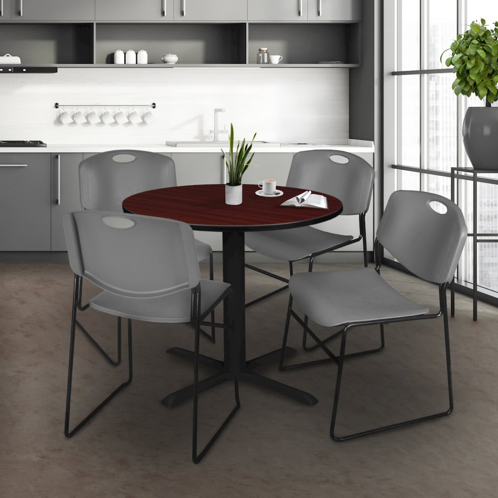 Small 30 in. Round X-Base Breakroom Table- Mahogany & 4 Zeng Stack Chairs- Grey. Picture 8