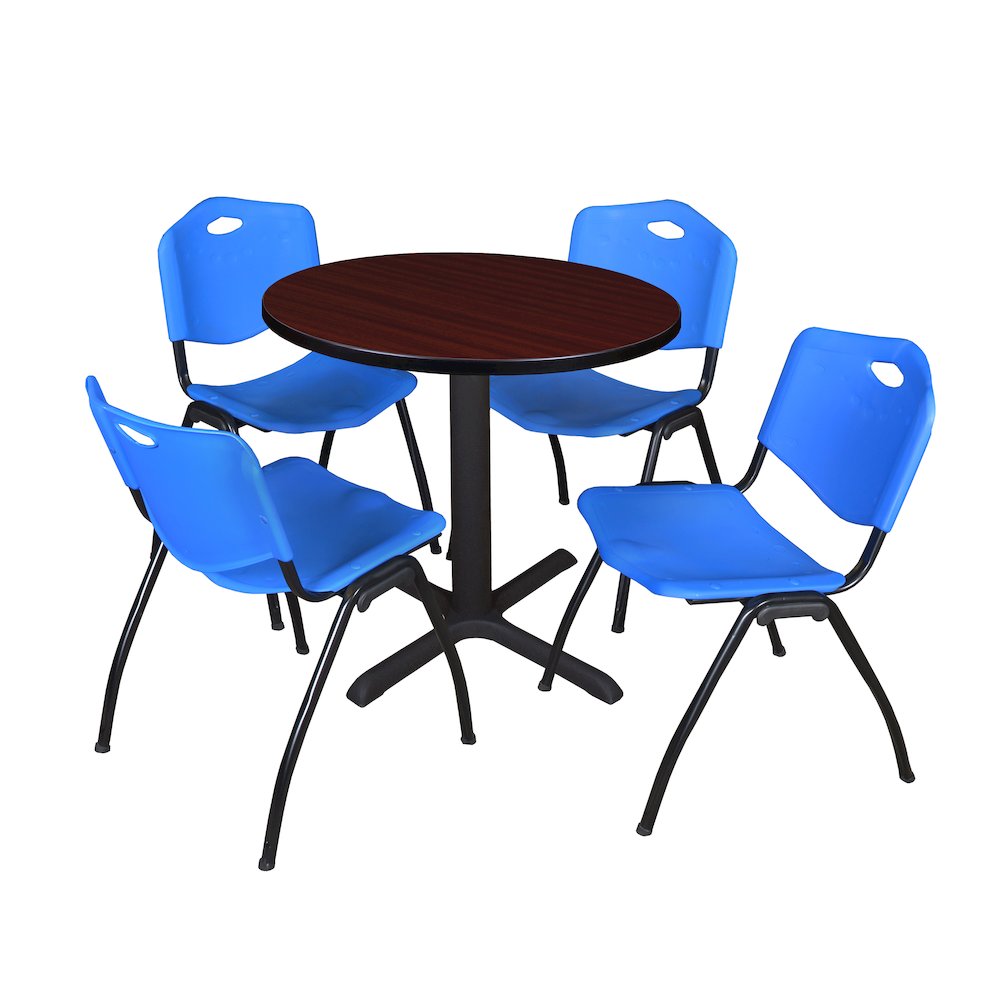 Small 30 in. Round X-Base Breakroom Table- Mahogany & 4 M Stack Chairs- Blue. Picture 1