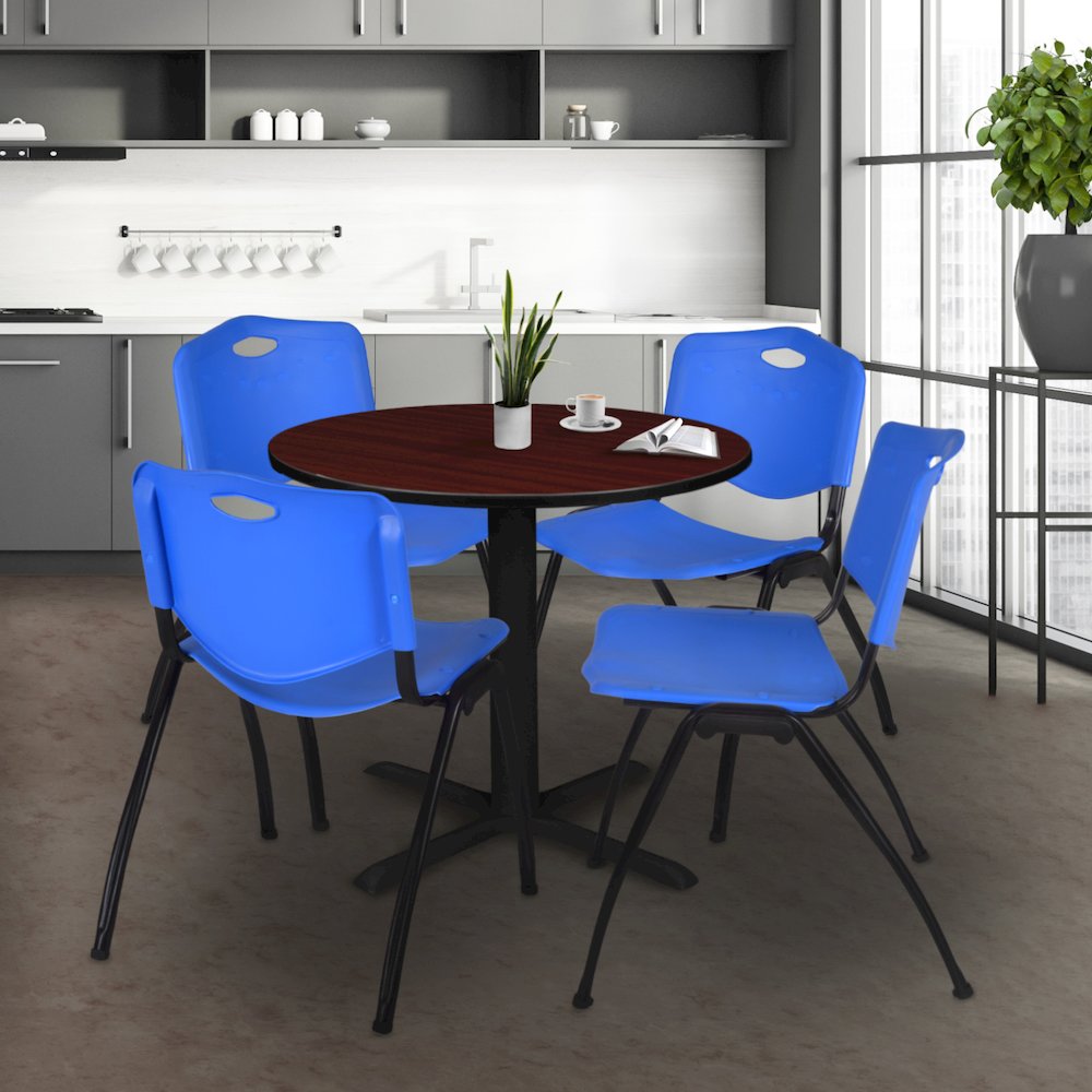 Small 30 in. Round X-Base Breakroom Table- Mahogany & 4 M Stack Chairs- Blue. Picture 8