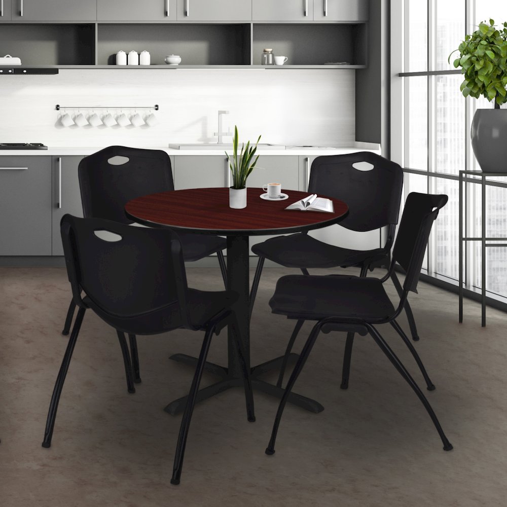 Small 30 in. Round X-Base Breakroom Table- Mahogany & 4 M Stack Chairs- Black. Picture 8