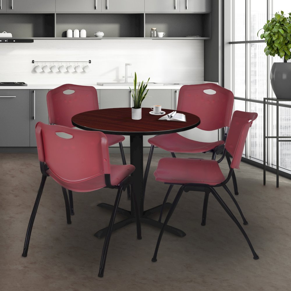 Small 30 in. Round X-Base Breakroom Table- Mahogany & 4 M Stack Chairs- Burgundy. Picture 8