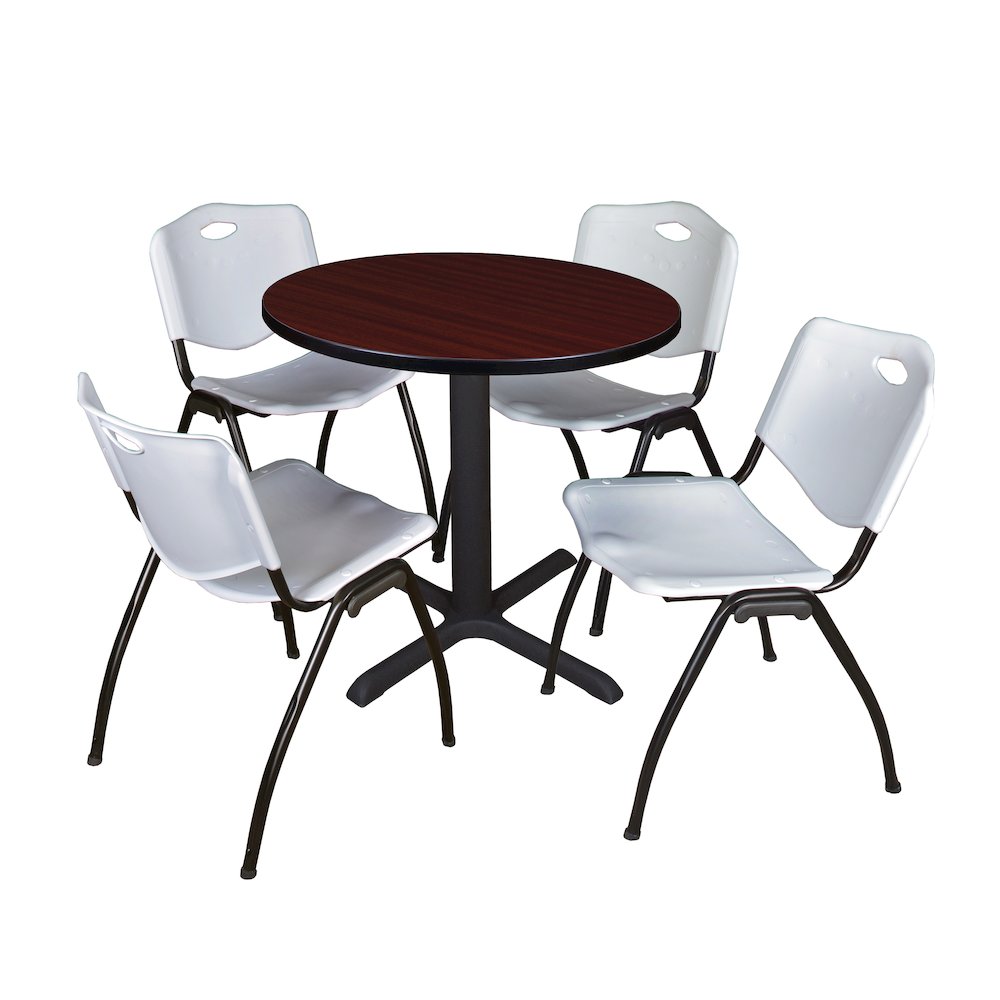 Small 30 in. Round X-Base Breakroom Table- Mahogany & 4 M Stack Chairs- Grey. Picture 1