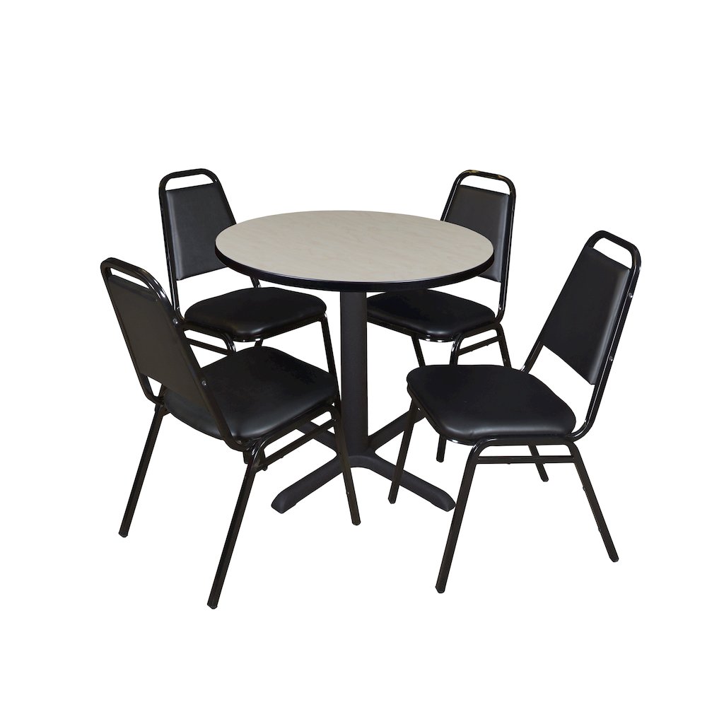 Small 30 Round X-Base Breakroom Table- Maple & 4 Restaurant Stack Chairs- Black. Picture 1