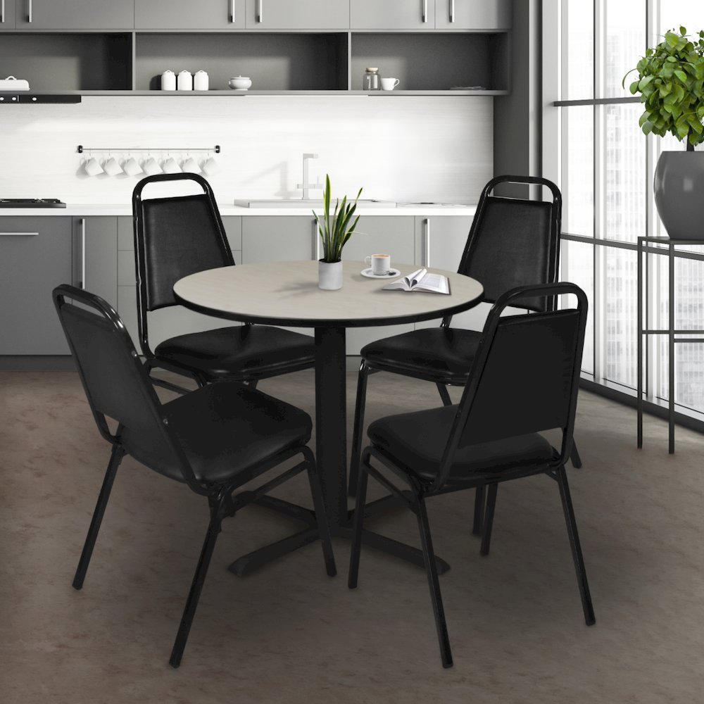 Small 30 Round X-Base Breakroom Table- Maple & 4 Restaurant Stack Chairs- Black. Picture 8