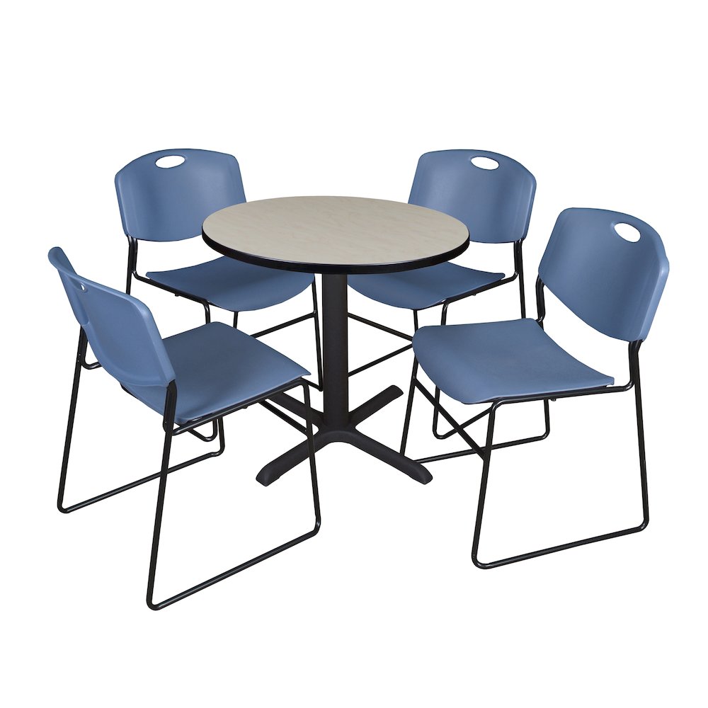 Small 30 in. Round X-Base Breakroom Table- Maple & 4 Zeng Stack Chairs- Blue. Picture 1