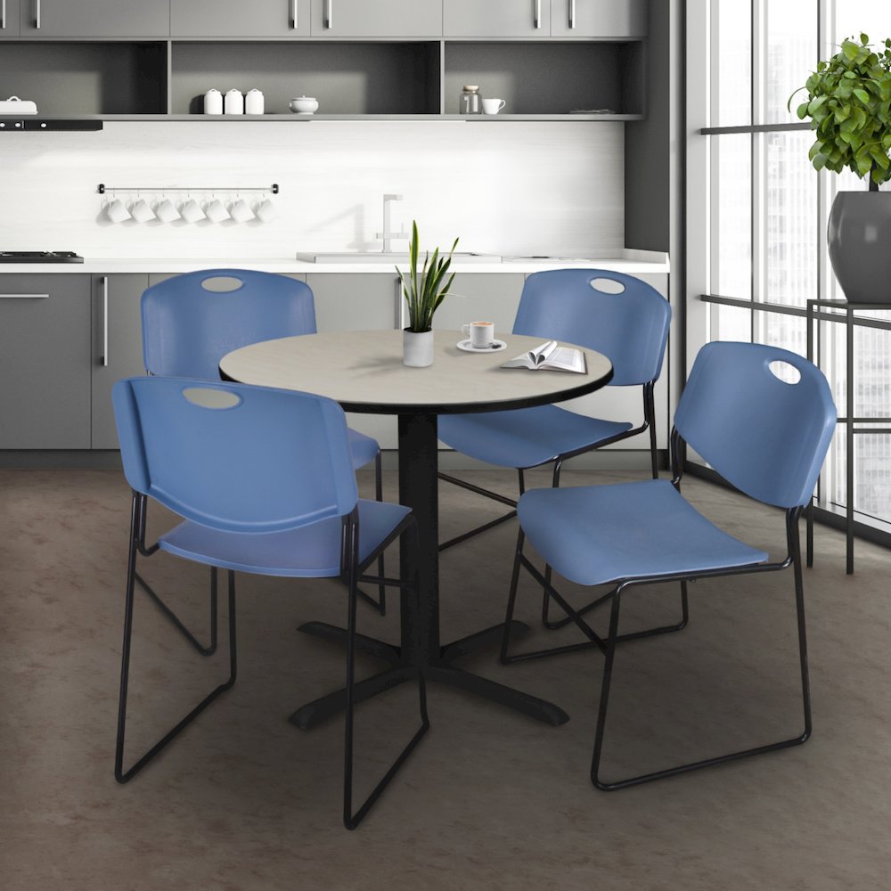 Small 30 in. Round X-Base Breakroom Table- Maple & 4 Zeng Stack Chairs- Blue. Picture 8