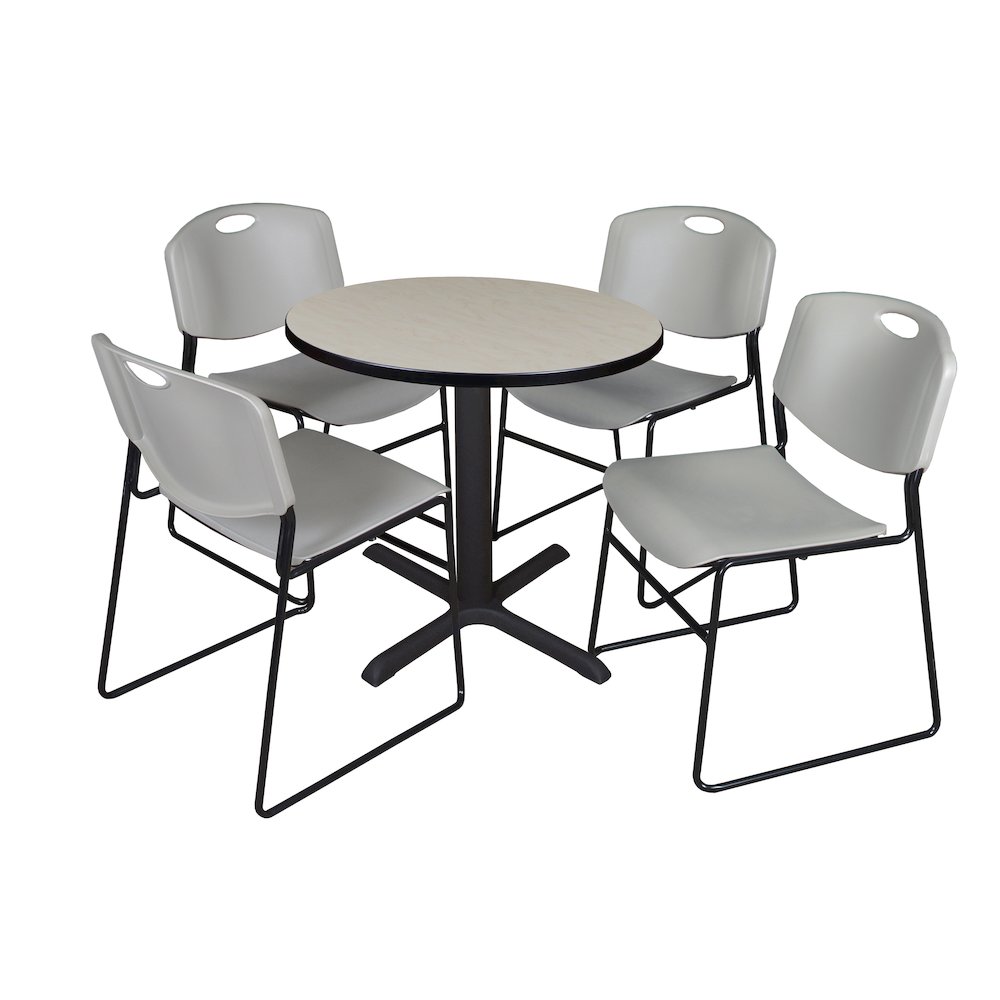 Small 30 in. Round X-Base Breakroom Table- Maple & 4 Zeng Stack Chairs- Grey. Picture 1