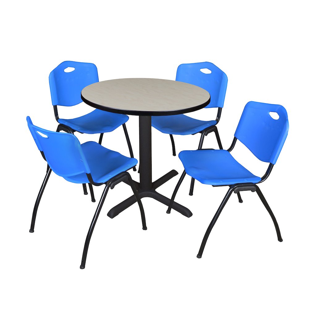 Small 30 in. Round X-Base Breakroom Table- Maple & 4 M Stack Chairs- Blue. Picture 1