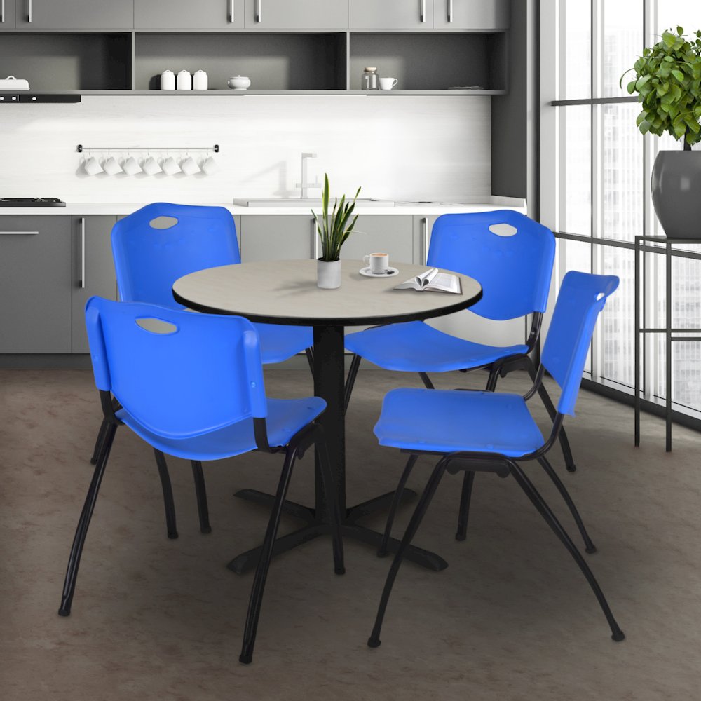 Small 30 in. Round X-Base Breakroom Table- Maple & 4 M Stack Chairs- Blue. Picture 8