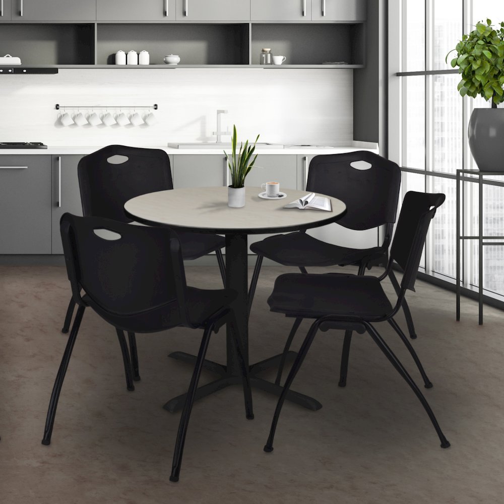 Small 30 in. Round X-Base Breakroom Table- Maple & 4 M Stack Chairs- Black. Picture 8