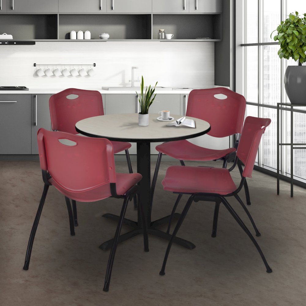 Small 30 in. Round X-Base Breakroom Table- Maple & 4 M Stack Chairs- Burgundy. Picture 8