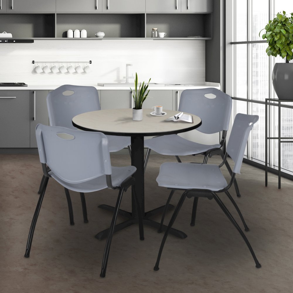 Small 30 in. Round X-Base Breakroom Table- Maple & 4 M Stack Chairs- Grey. Picture 8
