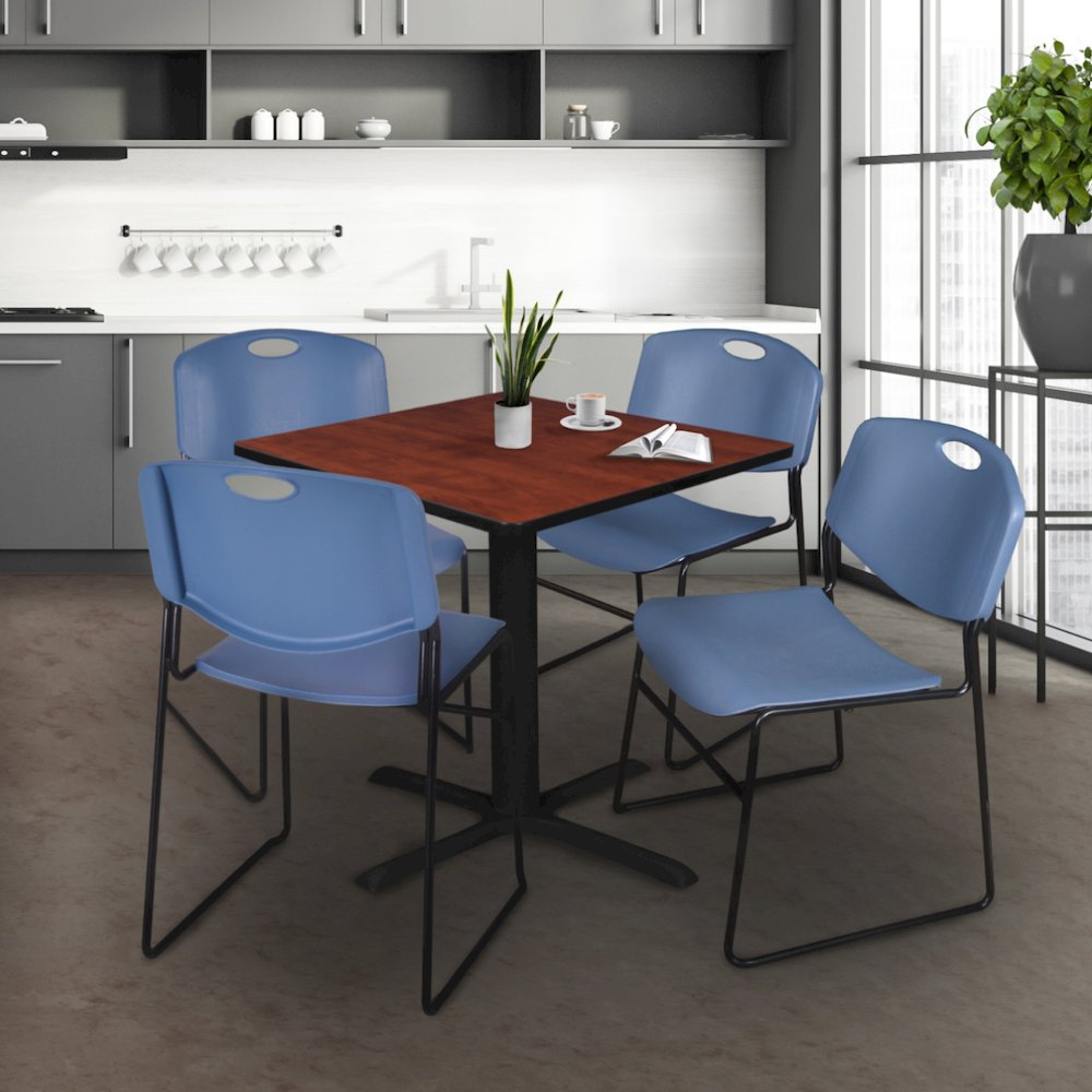 36 in. Square X-Base Breakroom Table- Cherry & 4 Zeng Stack Chairs- Blue. Picture 9
