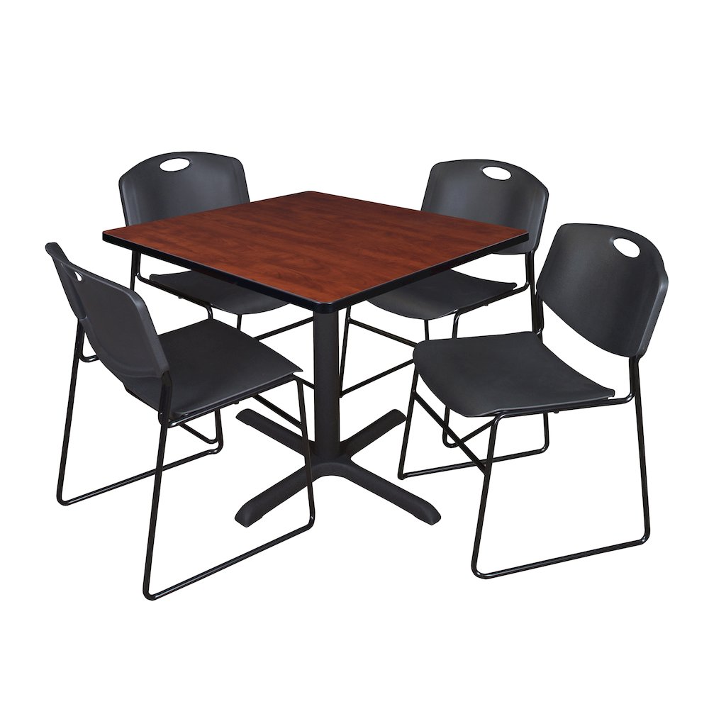 36 in. Square X-Base Breakroom Table- Cherry & 4 Zeng Stack Chairs- Black. Picture 1