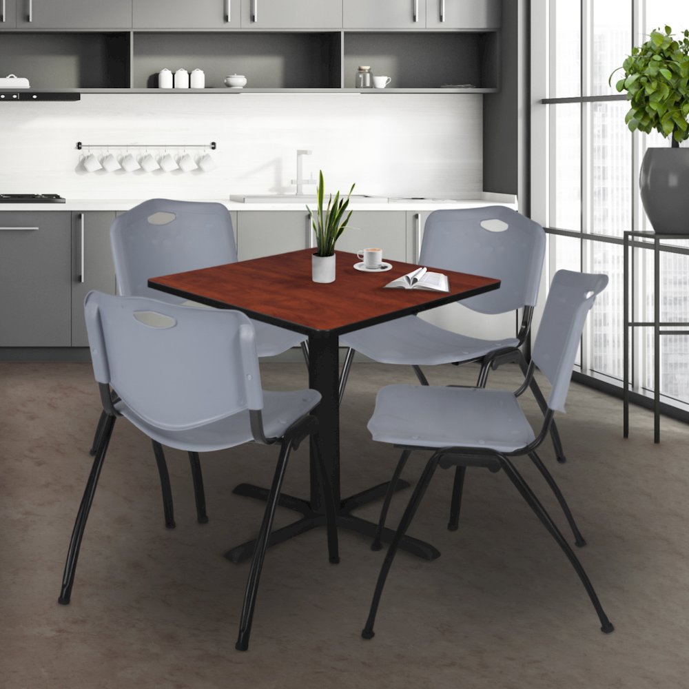 36 in. Square X-Base Breakroom Table- Cherry & 4 M Stack Chairs- Grey. Picture 9