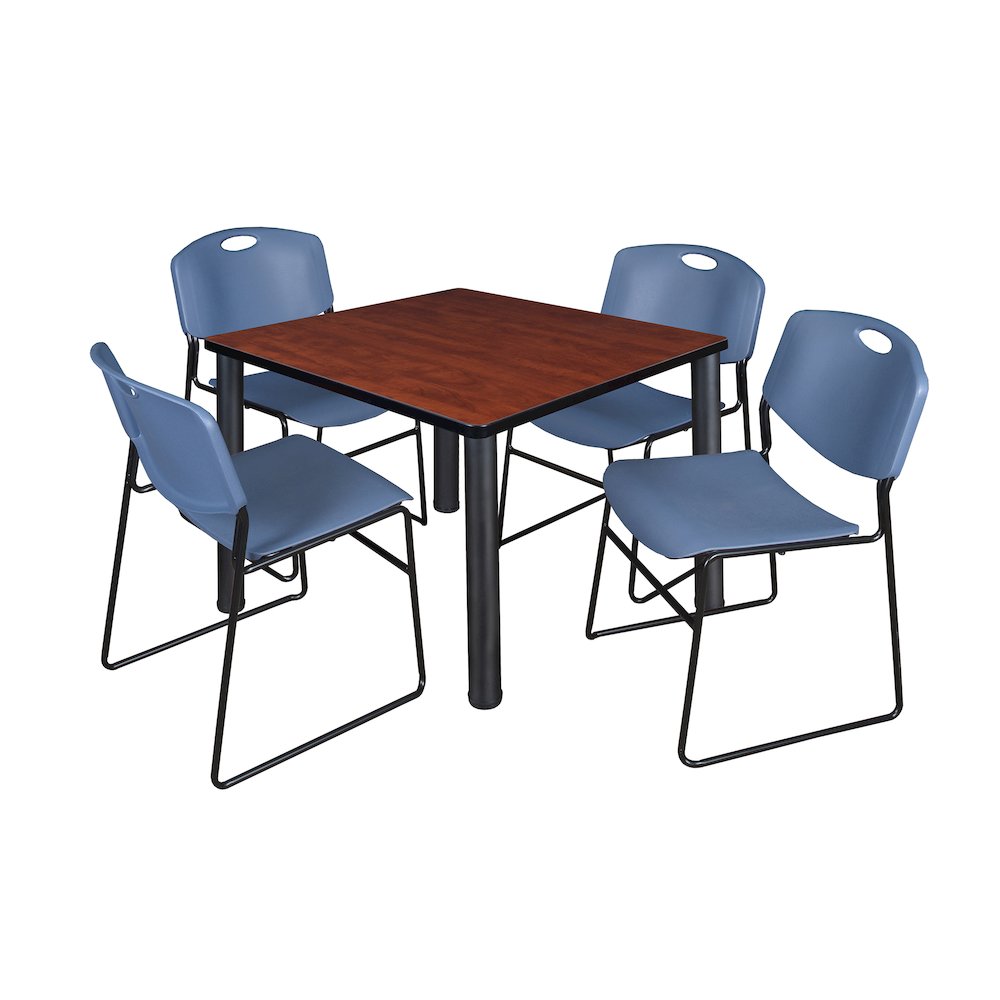 36 in Square Breakroom Table- Cherry Top, Black Legs, 4 Zeng Stack Chairs- Blue. Picture 1