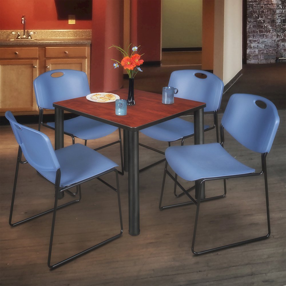 36 in Square Breakroom Table- Cherry Top, Black Legs, 4 Zeng Stack Chairs- Blue. Picture 7