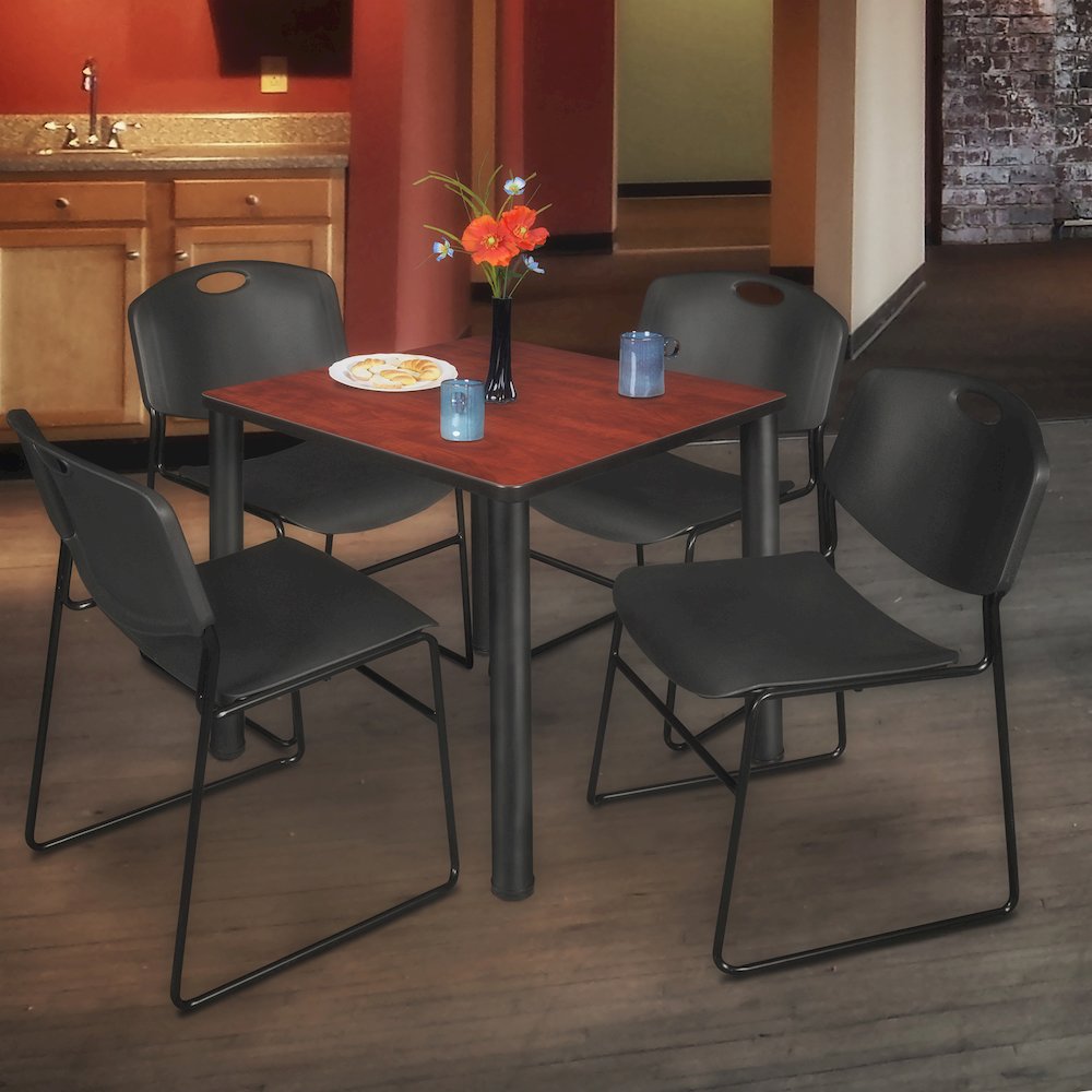 36 in Square Breakroom Table- Cherry Top, Black Legs, 4 Zeng Stack Chairs- Black. Picture 7