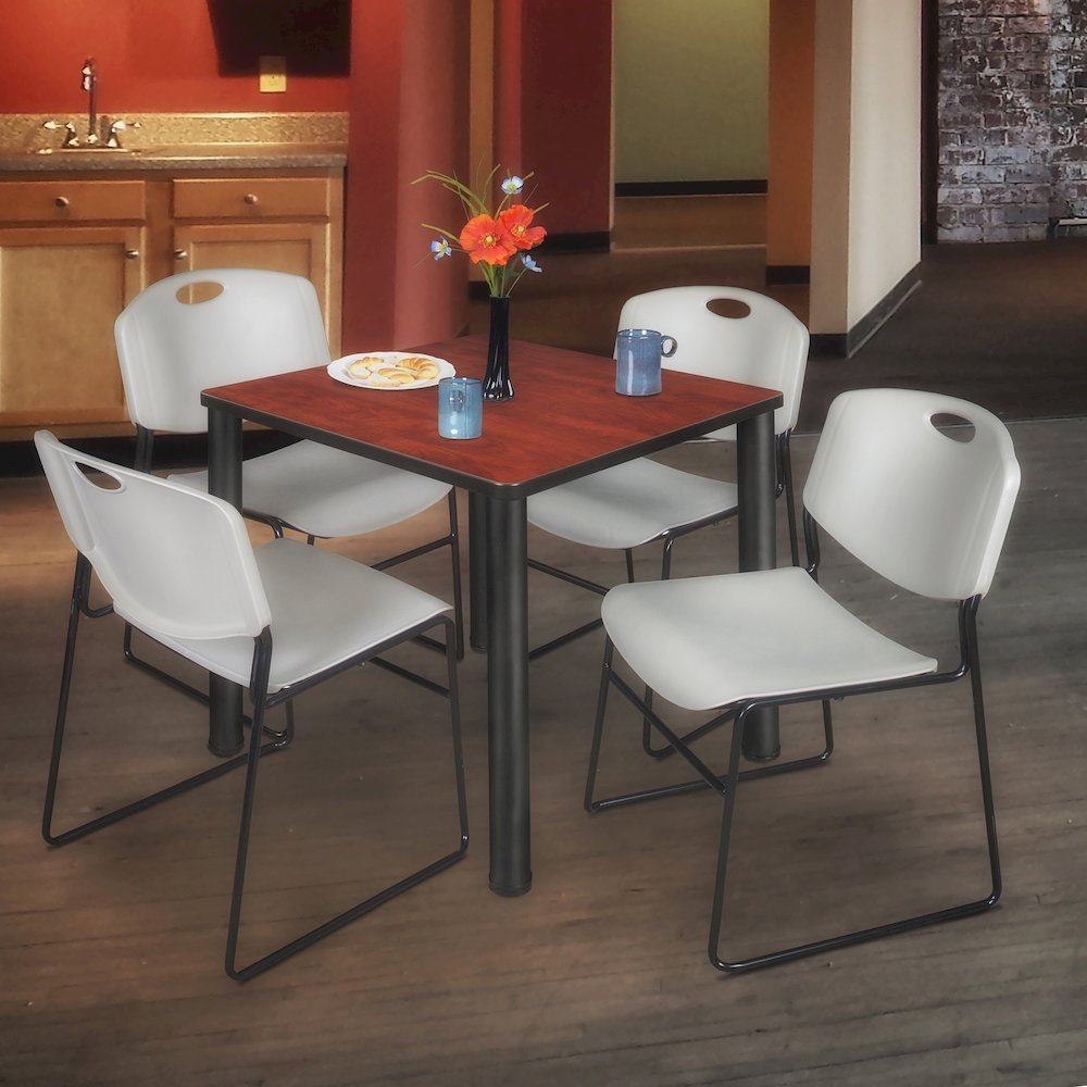36 in Square Breakroom Table- Cherry Top, Black Legs, 4 Zeng Stack Chairs- Grey. Picture 7