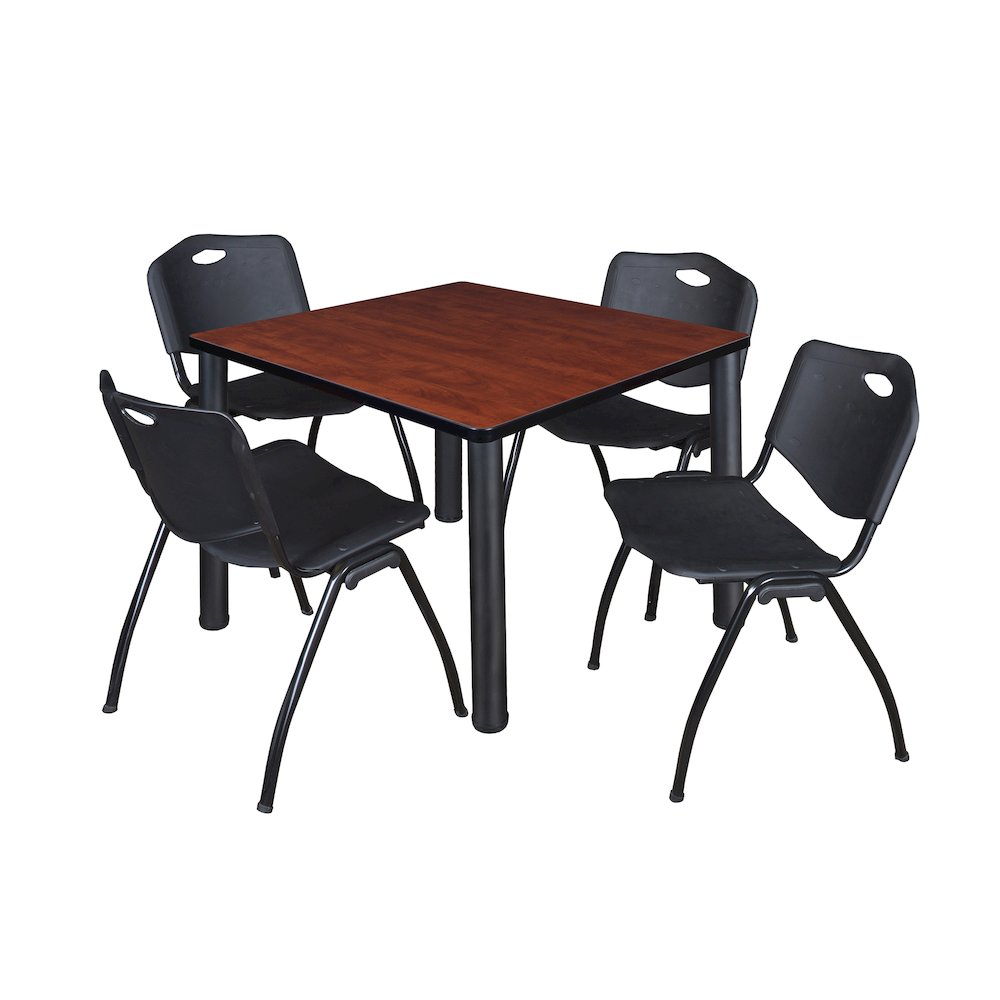 36 in Square Breakroom Table- Cherry Top, Black Legs, 4 M Stack Chairs- Black. Picture 1