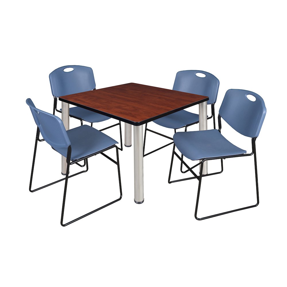 36 in Square Breakroom Table- Cherry Top, Chrome Legs, 4 Zeng Stack Chairs- Blue. Picture 1