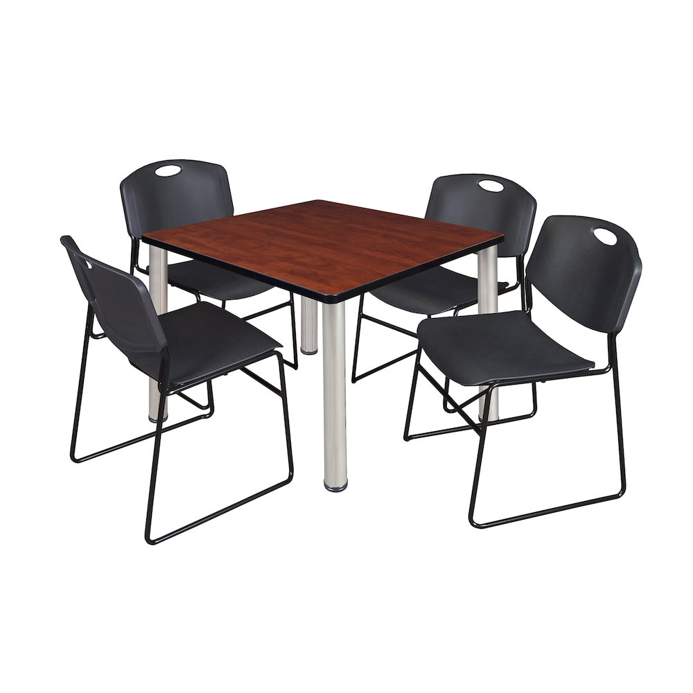36 Square Breakroom Table- Cherry Top, Chrome Legs, 4 Zeng Stack Chairs- Black. Picture 1