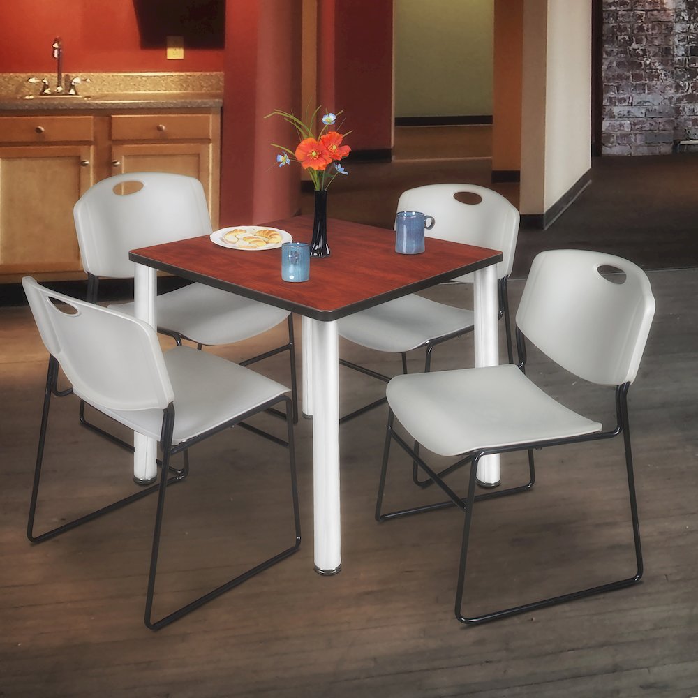 36 in Square Breakroom Table- Cherry Top, Chrome Legs, 4 Zeng Stack Chairs- Grey. Picture 7