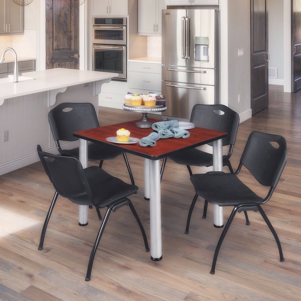 36 in Square Breakroom Table- Cherry Top, Chrome Legs, 4 M Stack Chairs- Black. Picture 7