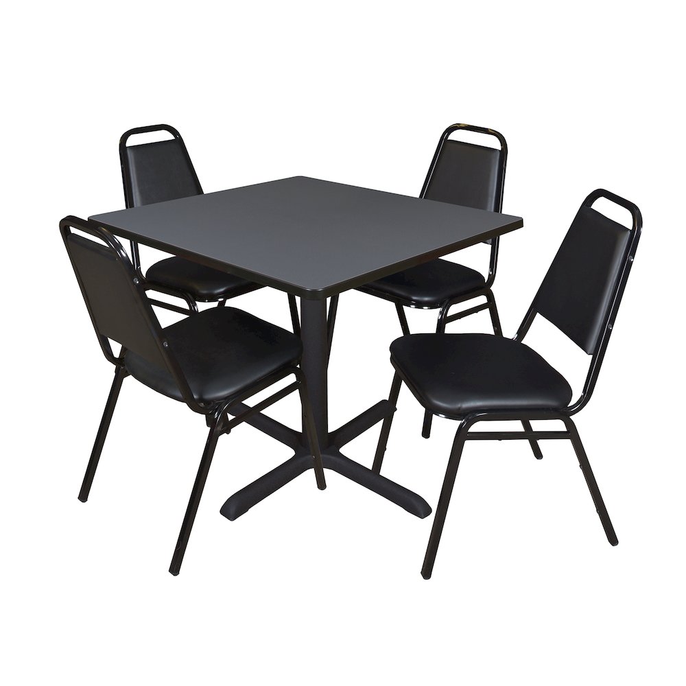 36 in. Square X-Base Breakroom Table- Grey & 4 Restaurant Stack Chairs- Black. Picture 1