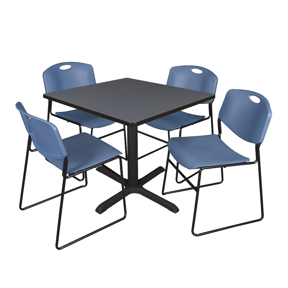 36 in. Square X-Base Breakroom Table- Grey & 4 Zeng Stack Chairs- Blue. Picture 1