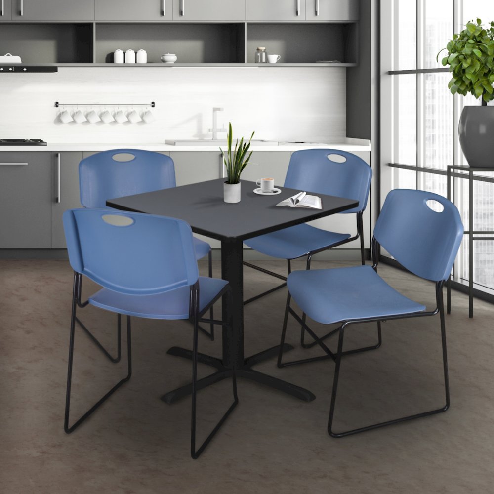 36 in. Square X-Base Breakroom Table- Grey & 4 Zeng Stack Chairs- Blue. Picture 9