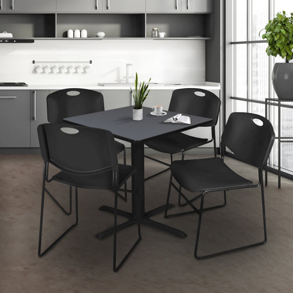 36 in. Square X-Base Breakroom Table- Grey & 4 Zeng Stack Chairs- Black. Picture 9