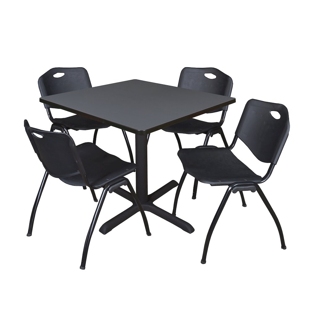 36 in. Square X-Base Breakroom Table- Grey & 4 M Stack Chairs- Black. Picture 1