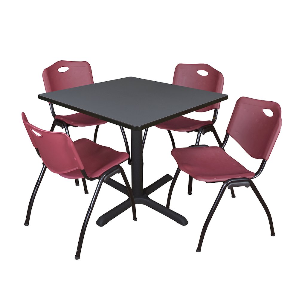 36 in. Square X-Base Breakroom Table- Grey & 4 M Stack Chairs- Burgundy. Picture 1