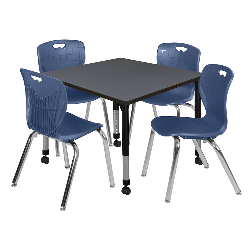 36 Square Mobile Adjustable Classroom Table- Grey & 4 Andy 18 Stack Chairs- Blue. Picture 1