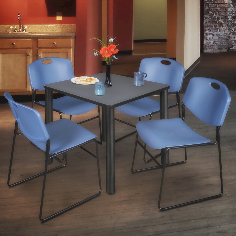 36 in Square Breakroom Table- Grey Top, Black Legs, 4 Zeng Stack Chairs- Blue. Picture 7