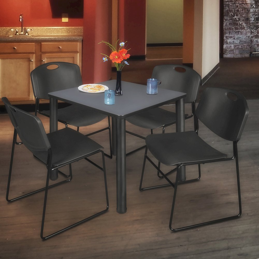 36 in Square Breakroom Table- Grey Top, Black Legs, 4 Zeng Stack Chairs- Black. Picture 7